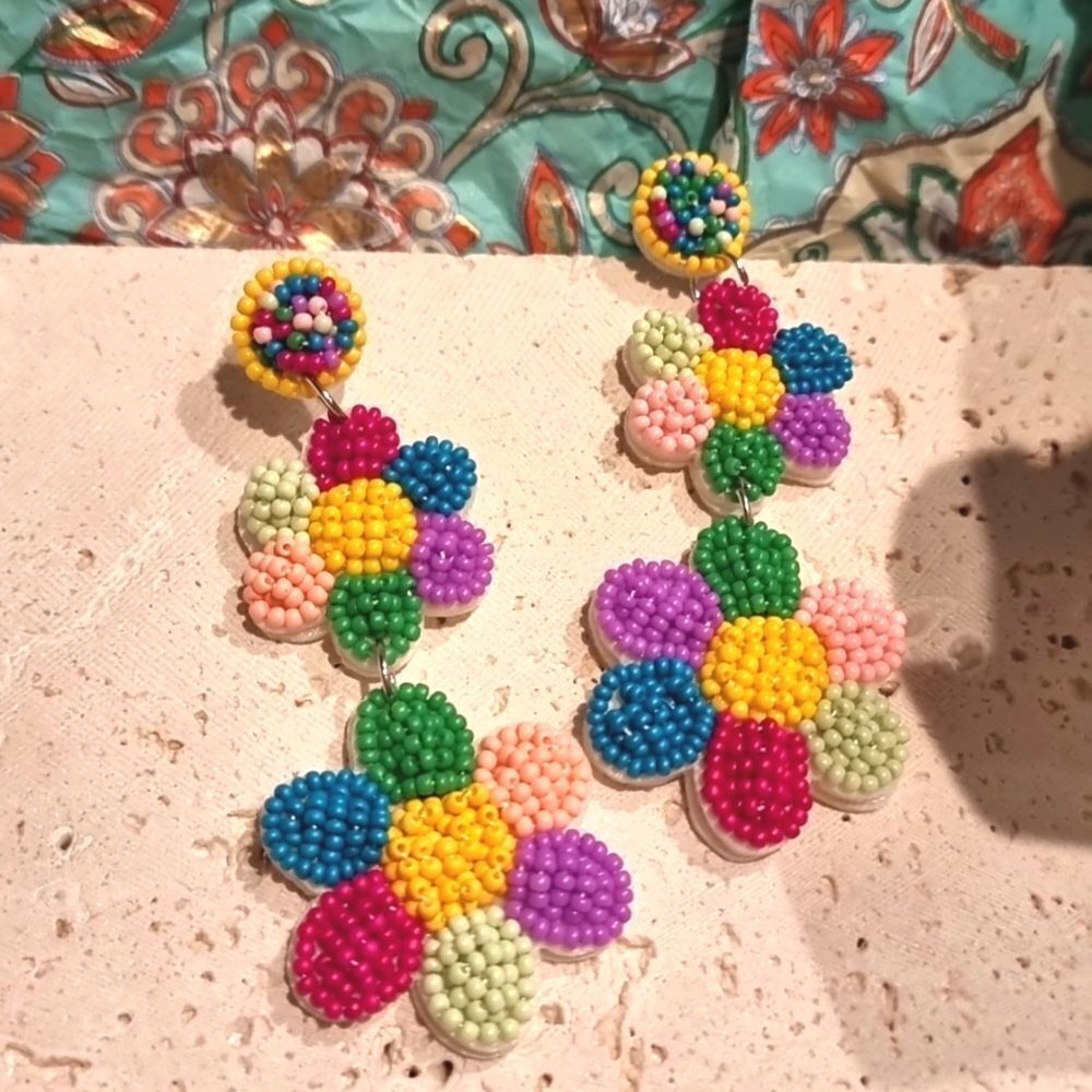 New! Colorful Beaded Flower Drop Earrings • NWOT